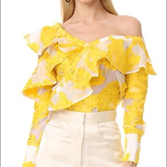 Self-Portrait Off The Shoulder Fil Coupe Frill Yellow Embroidered Top US6 UK10 - Picture 1 of 13